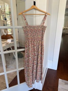 Nation LTD Smocked Floral Midi Dress | Pink Floral | Adjustable Straps | Size M